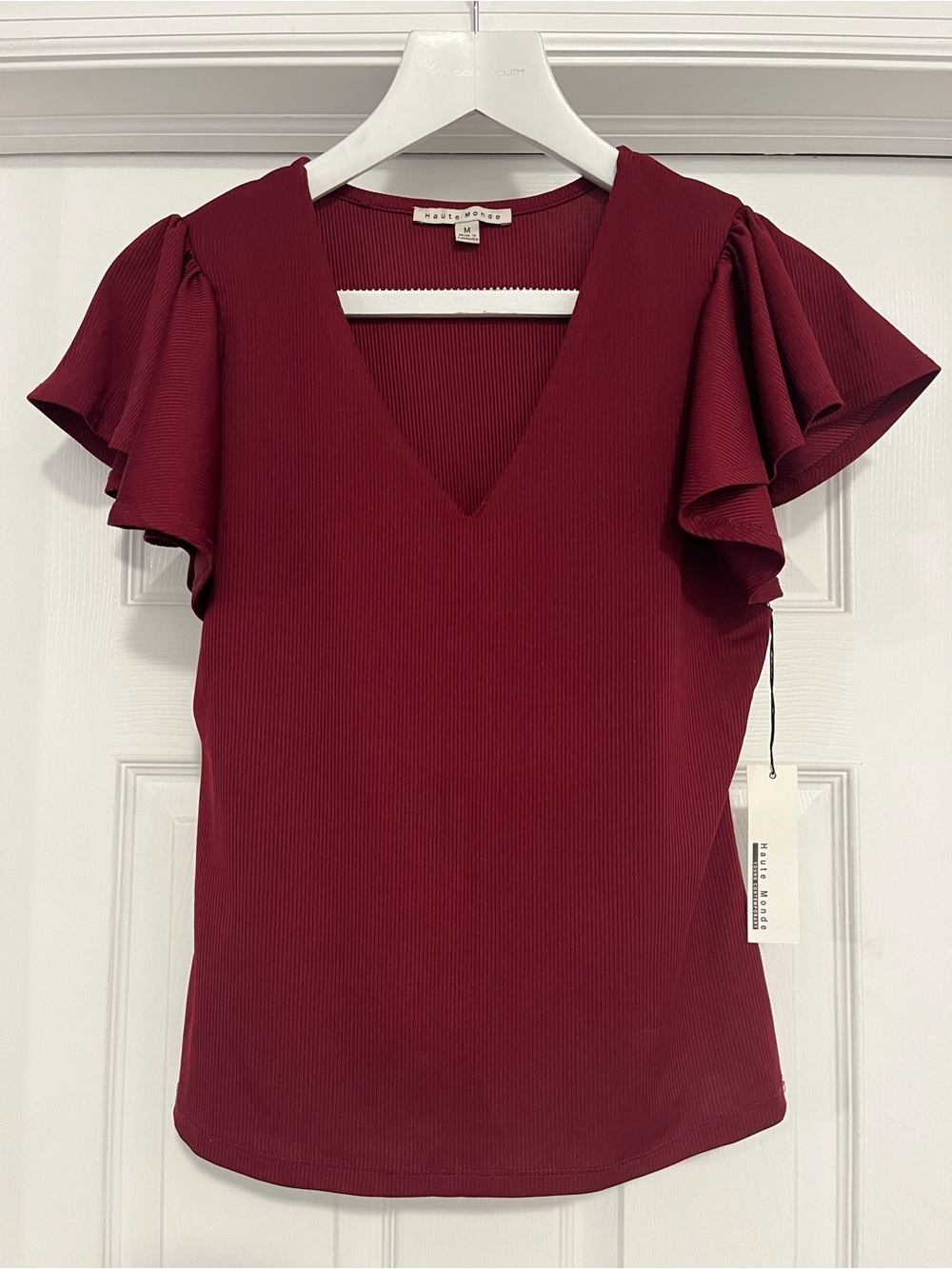 Haute Monde Burgundy Ribbed V-Neck Flutter Sleeve Top